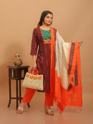 Maroon Handloom Ikkat Cotton Kurta Set with Appliqué and Gujarati Work Yoke