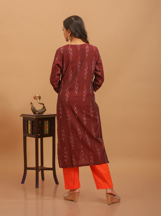 Maroon Handloom Ikkat Cotton Kurta Set with Appliqué and Gujarati Work Yoke