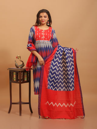 Red And Blue Handloom Ikkat Cotton Kurta Set with Embroidered Yoke