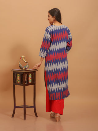 Red And Blue Handloom Ikkat Cotton Kurta Set with Embroidered Yoke