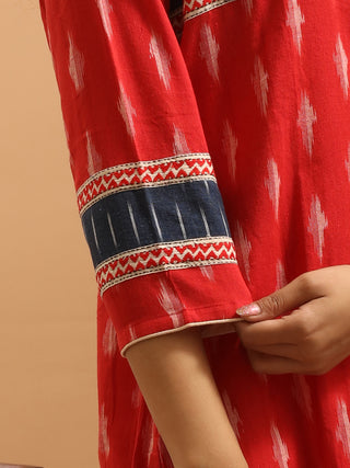 Red and Navy Ikkat Cotton Kurta Set with Contrast Yoke and Woven Borders
