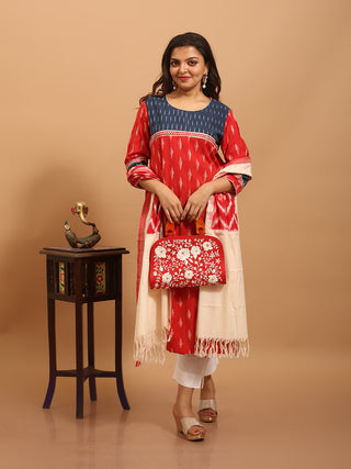 Red and Navy Ikkat Cotton Kurta Set with Contrast Yoke and Woven Borders