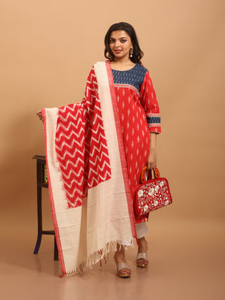 Red and Navy Ikkat Cotton Kurta Set with Contrast Yoke and Woven Borders
