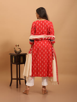 Red and Navy Ikkat Cotton Kurta Set with Contrast Yoke and Woven Borders