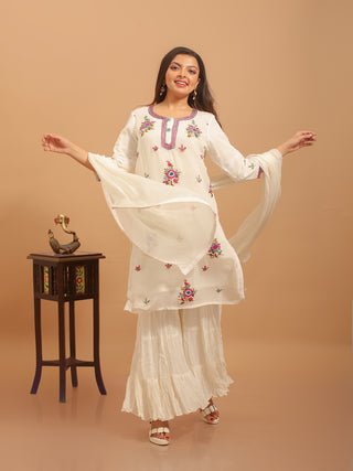 Pristine White Hand-Embroidered Viscose Georgette Sharara Set with Chiffon Dupatta