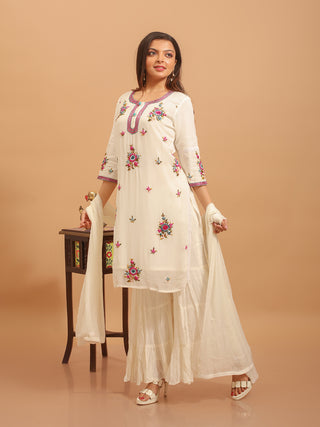 Pristine White Hand-Embroidered Viscose Georgette Sharara Set with Chiffon Dupatta