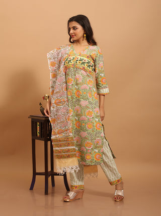 Pastel Green Sanganeri Cotton Suit with Kantha Embroidery and Kota Dupatta
