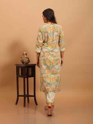 Pastel Green Sanganeri Cotton Suit with Kantha Embroidery and Kota Dupatta