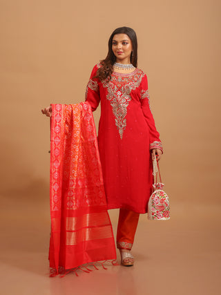Crimson Red Georgette Kurta Set with Hand Zardozi Embroidery & Banarasi Silk Dupatta