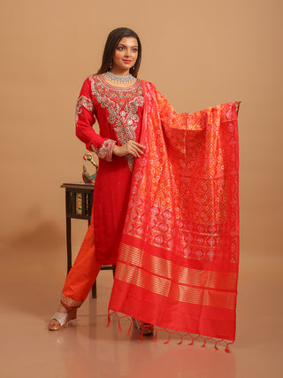 Crimson Red Georgette Kurta Set with Hand Zardozi Embroidery & Banarasi Silk Dupatta