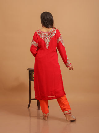 Crimson Red Georgette Kurta Set with Hand Zardozi Embroidery & Banarasi Silk Dupatta