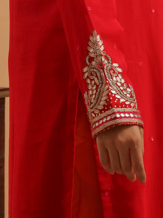 Crimson Red Georgette Kurta Set with Hand Zardozi Embroidery & Banarasi Silk Dupatta