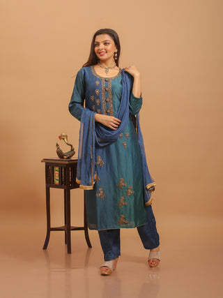 Teal-Blue Hand Zardozi Embroidered Muslin Kurta Set with Chiffon Dupatta
