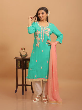 Aqua Green Viscose Georgette Kurta with Hand Zardozi Embroidery and Chiffon Dupatta
