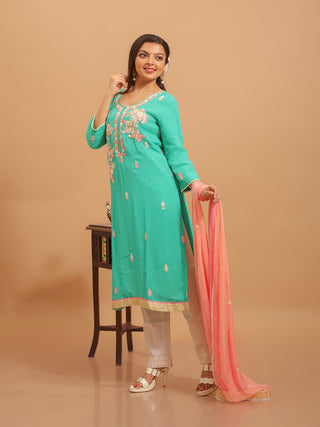 Aqua Green Viscose Georgette Kurta with Hand Zardozi Embroidery and Chiffon Dupatta