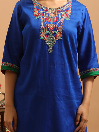 Royal Blue Cotton Silk Kurta Set with Hand Aari Embroidery & Paithani Dupatta