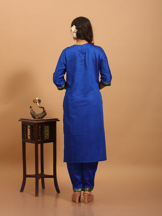 Royal Blue Cotton Silk Kurta Set with Hand Aari Embroidery & Paithani Dupatta
