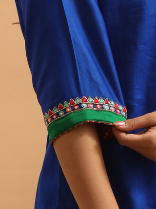 Royal Blue Cotton Silk Kurta Set with Hand Aari Embroidery & Paithani Dupatta
