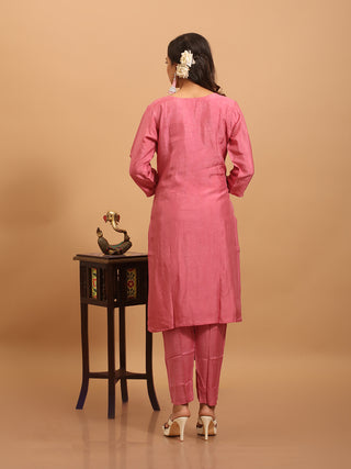 Rose Pink Dola Silk Kurta Set with Hand Aari Work & Banarasi Dupatta