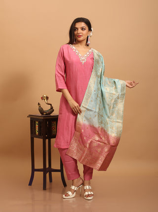 Rose Pink Dola Silk Kurta Set with Hand Aari Work & Banarasi Dupatta