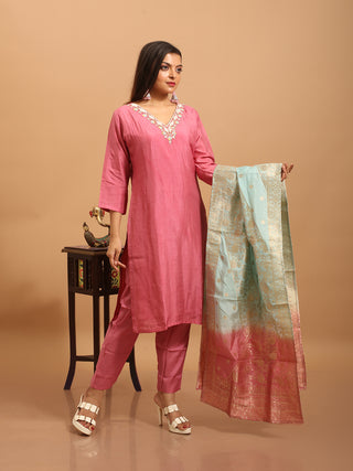 Rose Pink Dola Silk Kurta Set with Hand Aari Work & Banarasi Dupatta
