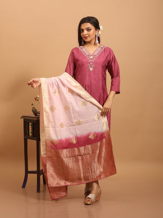 Wine Pink Dola Silk Kurta Set with Hand Aari Embroidery & Banarasi Dupatta