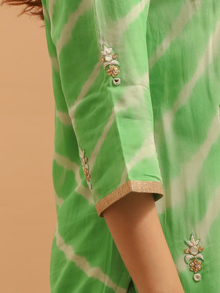 Lime Green Viscose Georgette Kurta Set with Hand Zardozi Embroidery & Chiffon Dupatta