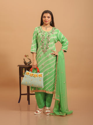 Lime Green Viscose Georgette Kurta Set with Hand Zardozi Embroidery & Chiffon Dupatta