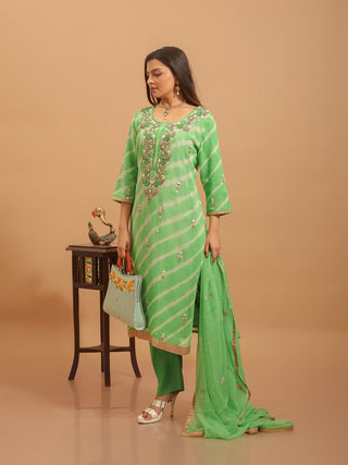 Lime Green Viscose Georgette Kurta Set with Hand Zardozi Embroidery & Chiffon Dupatta