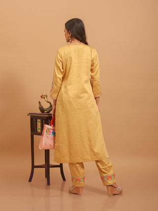 Golden Beige Cotton Silk Kurta Set with Hand Zardozi Embroidery & Paithani Dupatta