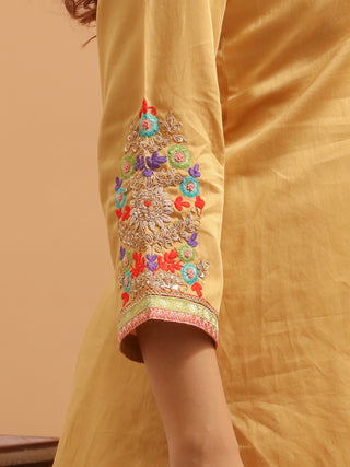 Golden Beige Cotton Silk Kurta Set with Hand Zardozi Embroidery & Paithani Dupatta