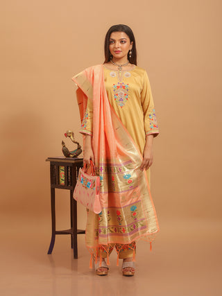 Golden Beige Cotton Silk Kurta Set with Hand Zardozi Embroidery & Paithani Dupatta