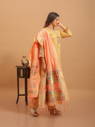Golden Beige Cotton Silk Kurta Set with Hand Zardozi Embroidery & Paithani Dupatta