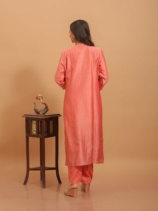 Coral Pink Muslin Kurta Set with Exquisite Hand Zardozi Embroidery & Chiffon Dupatta