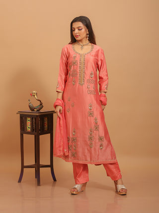 Coral Pink Muslin Kurta Set with Exquisite Hand Zardozi Embroidery & Chiffon Dupatta