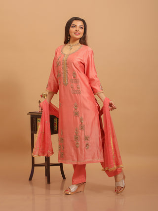 Coral Pink Muslin Kurta Set with Exquisite Hand Zardozi Embroidery & Chiffon Dupatta