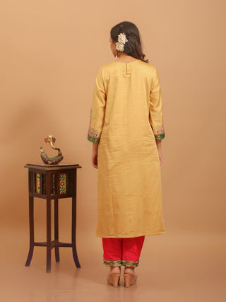 Golden Beige Cotton Silk Kurta Set with Hand Zardozi Embroidery & Katan Silk Banaras Dupatta