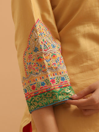 Golden Beige Cotton Silk Kurta Set with Hand Zardozi Embroidery & Katan Silk Banaras Dupatta