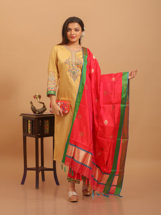 Golden Beige Cotton Silk Kurta Set with Hand Zardozi Embroidery & Katan Silk Banaras Dupatta