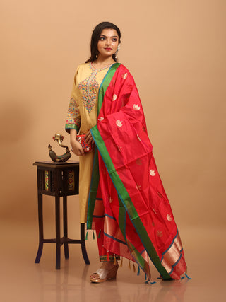Golden Beige Cotton Silk Kurta Set with Hand Zardozi Embroidery & Katan Silk Banaras Dupatta