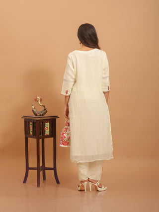 Ivory Viscose Georgette Kurta Set with Hand Zardozi Work & Chiffon Dupatta