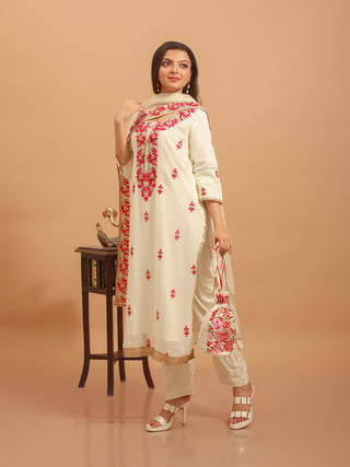 Ivory Viscose Georgette Kurta Set with Hand Zardozi Work & Chiffon Dupatta