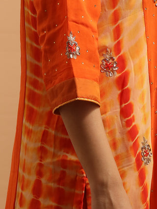 Sunset Orange Viscose Georgette Kurta Set with Hand Zardozi Embroidery & Chiffon Dupatta