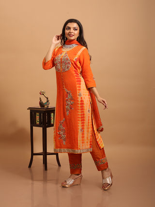 Sunset Orange Viscose Georgette Kurta Set with Hand Zardozi Embroidery & Chiffon Dupatta