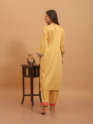 Golden Beige Cotton Silk Kurta Set with Hand Zardozi Work & Paithani Dupatta
