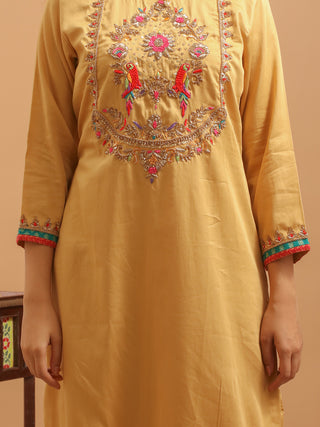 Golden Beige Cotton Silk Kurta Set with Hand Zardozi Work & Paithani Dupatta