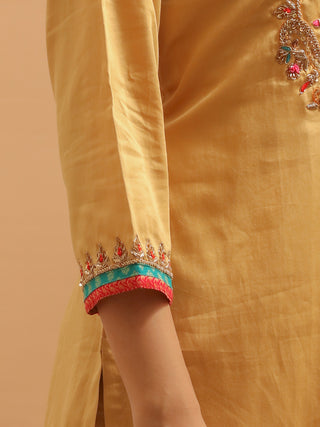 Golden Beige Cotton Silk Kurta Set with Hand Zardozi Work & Paithani Dupatta