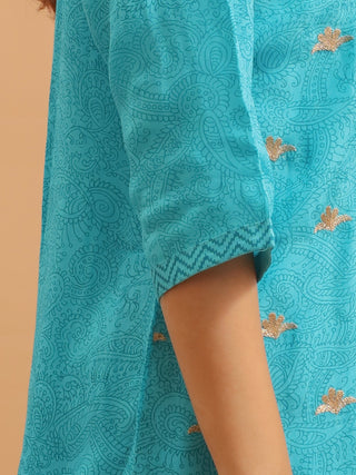 Turquoise Bangalore Semi-Silk Kurta Set with Hand Zardozi Work & Embroidered Chiffon Dupatta