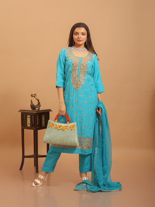 Turquoise Bangalore Semi-Silk Kurta Set with Hand Zardozi Work & Embroidered Chiffon Dupatta