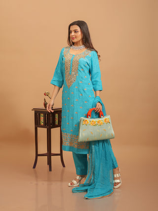 Turquoise Bangalore Semi-Silk Kurta Set with Hand Zardozi Work & Embroidered Chiffon Dupatta